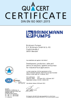 Certificate DIN EN ISO 9001:2015 Brinkmann Pumps