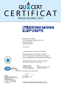 Certificat DIN EN ISO 9001:2015 Brinkmann Pumps