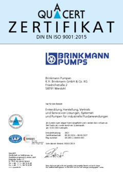 Zertifikat DIN EN ISO 9001:2015 Brinkmann Pumpen