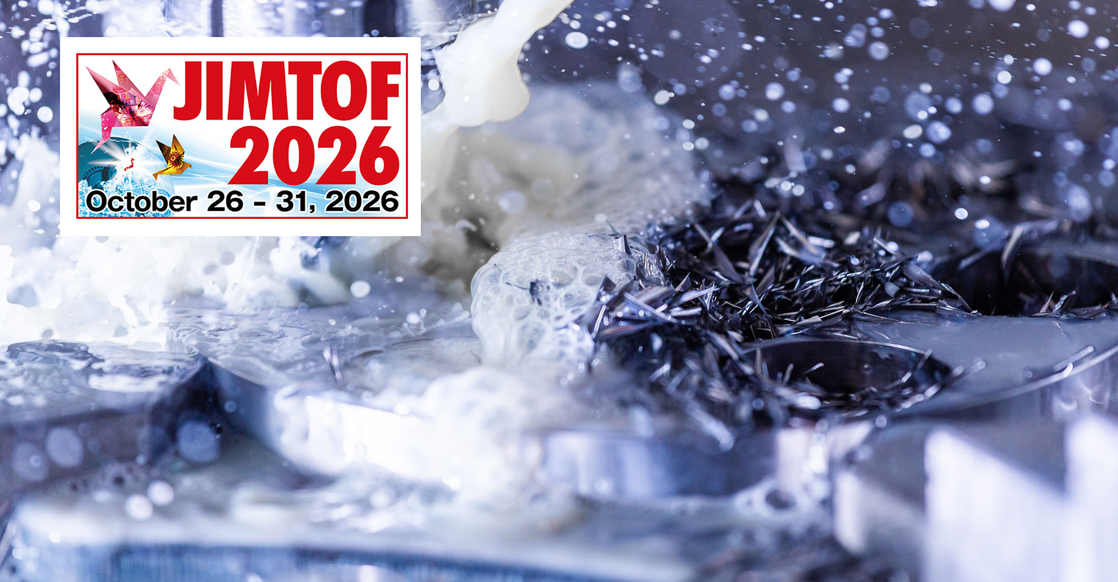 JIMTOF 2026 banner with coolant and chips in the background